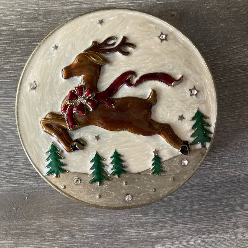 Rue Moliere Reindeer enameled keepsake jewelry hinged mirrored box.